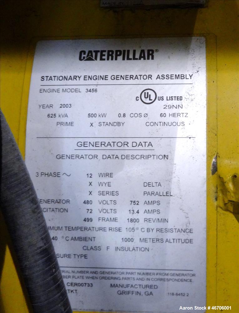 Used Caterpillar 500 kW diesel generator set. CAT 3456 engine