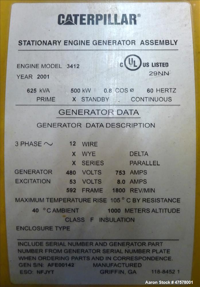 Used Caterpillar 500 kW diesel generator set. CAT 3412 engine. UL 2200 listed