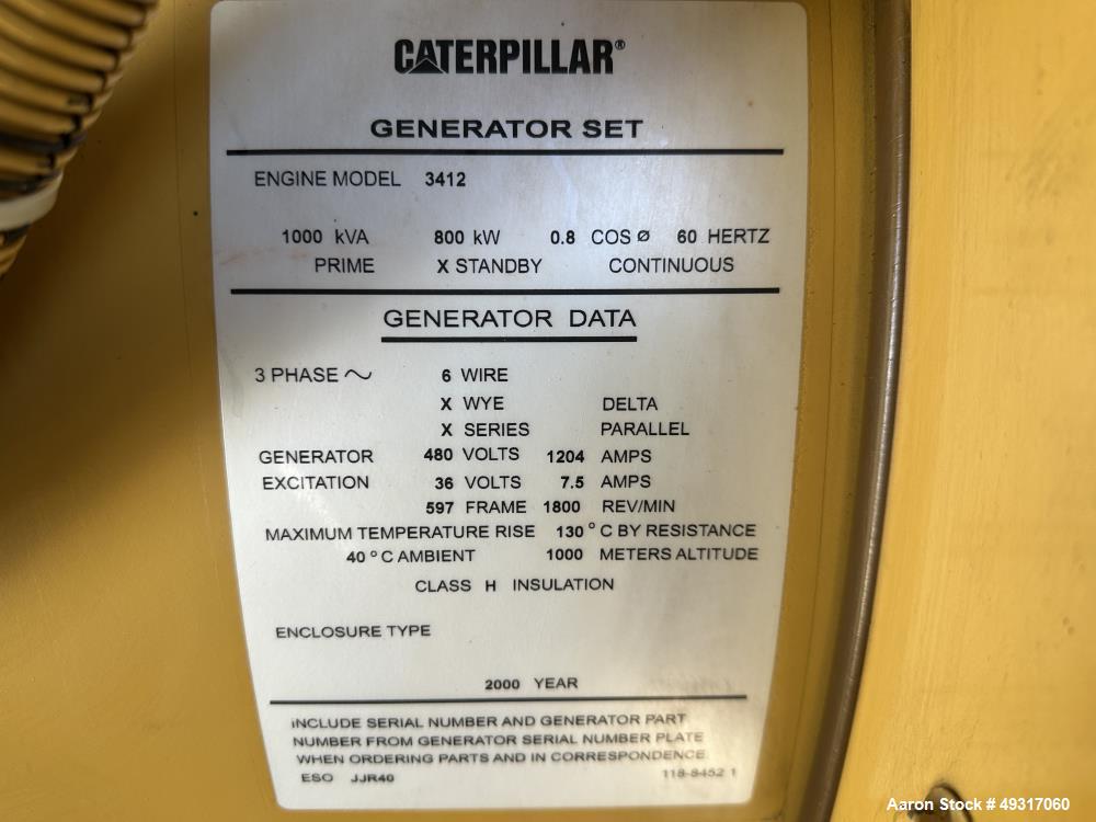 Used Caterpillar 800 kW Diesel Generator Set – CAT 3412, 1180 HP, 480V, 852 Hours, Enclosed with Fuel Tank