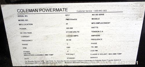 Used- Coleman/Perkins 105 kW standby diesel generator set, model PM5105E42D, SN-8217. 3/60/277/480V. 200 Amp main-line circu...