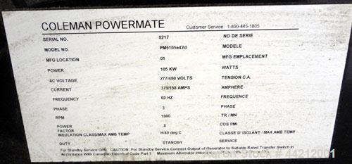 Used Coleman/Perkins 105 kW standby diesel generator set, model PM5105E42D, SN-8217. 3/60/277/480V. 200 Amp main-line circuit breaker. Weather enclosure, 250 gallon sub-base fuel tank. 140 hrs. Year ...