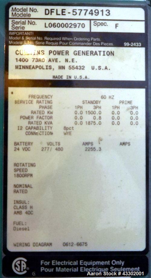 Unused- Cummins 1500 kW standby (1250 kW prime) Diesel Generator Set, model DFLE-5774913, serial #L060002970. Cummins KTA 50-G9 rated 2220 hp @ 1800 rpm, EPA Tier 1, 3/60/480V. PowerCommand digital c...