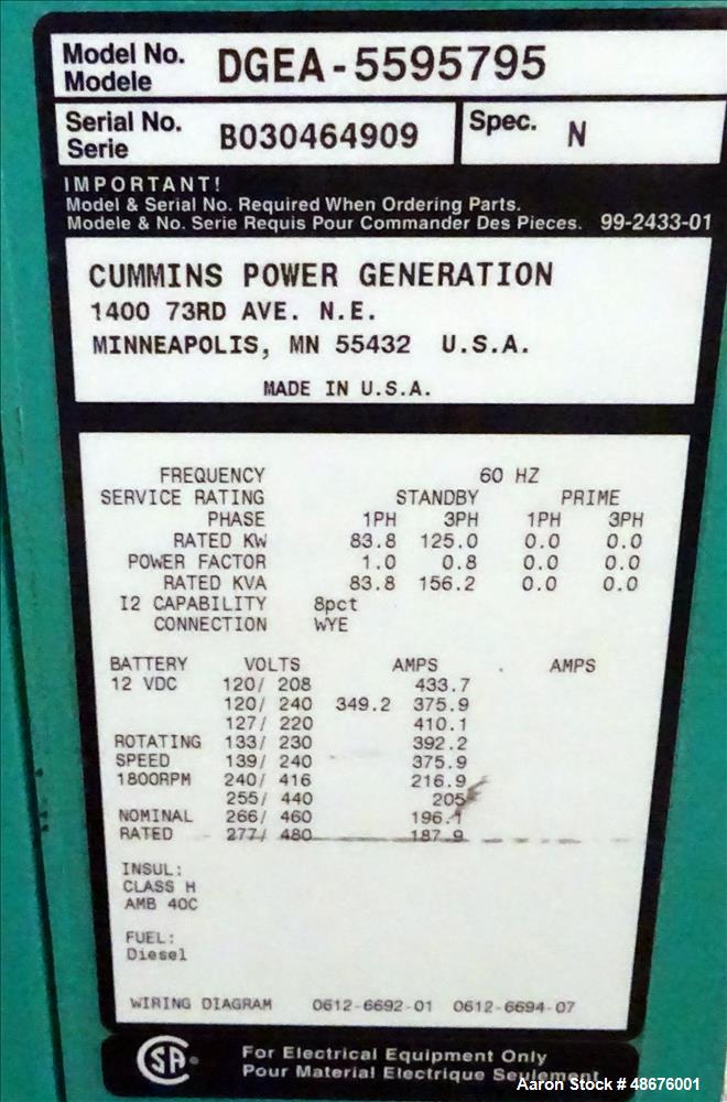 Used- Cummins 125 kW standby diesel generator set, model DGEA-5595795