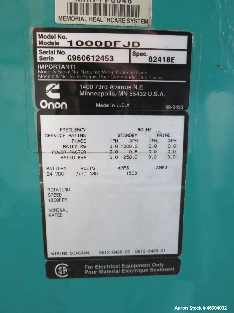 Used Cummins 1000kW Standby Diesel Generator Set, Model 1000DFJD