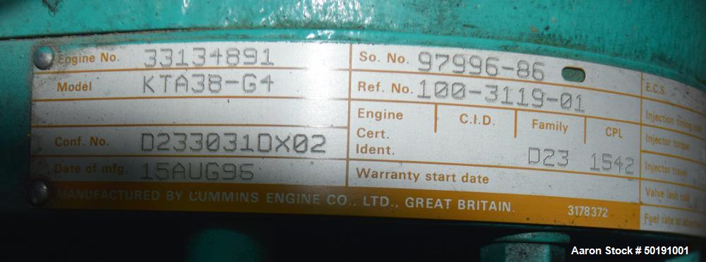 Used Cummins 1000 kW Standby Diesel Generator Set, Model 1000DFJD