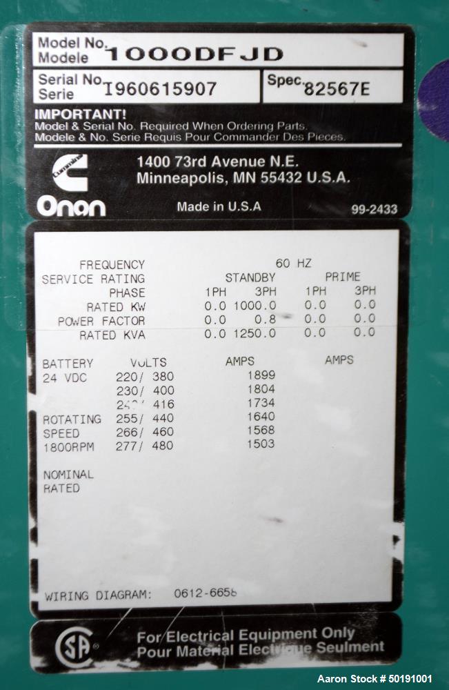 Used Cummins 1000 kW Standby Diesel Generator Set, Model 1000DFJD