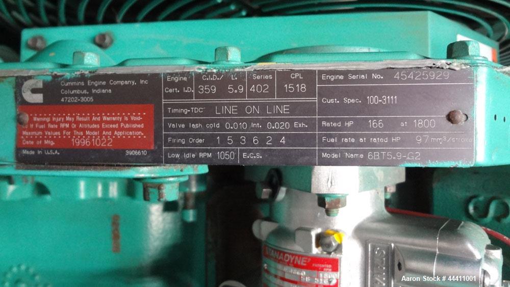 Used Cummins 100 kW Standby (90kW prime) Diesel Generator Set, Model 100DGDB, SN-J960620928.  Cummins 6TB5.9-G2 engine rated 166 HP @ 1800 RPM, SN-45425929.  3/60/208V re-connectable to other voltatg...