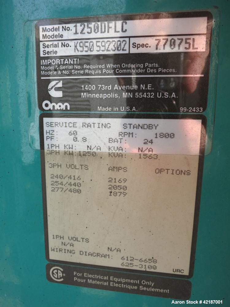 Used Cummins 1250 kW standby diesel generator set, Cummins Model KTA50-G3