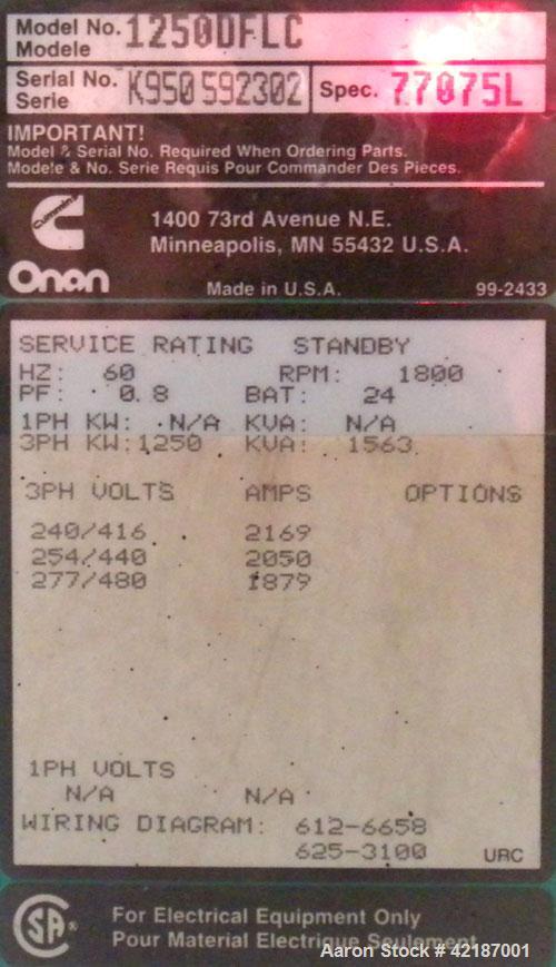 Used Cummins 1250 kW standby diesel generator set, Cummins Model KTA50-G3