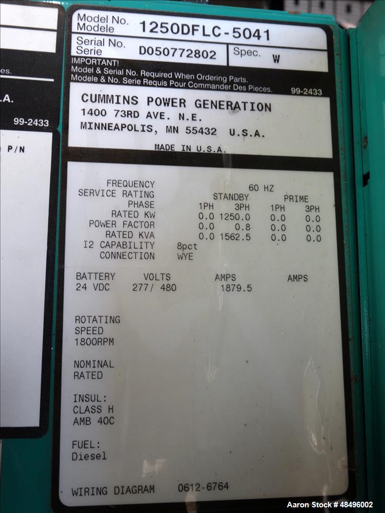 Used Cummins 1250 kW Standby Diesel Generator Set, Model 1250DFLC-5041.