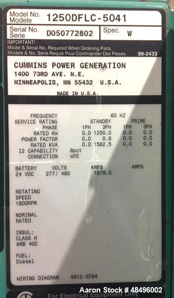 Used Cummins 1250 kW Standby Diesel Generator Set, Model 1250DFLC-5041.