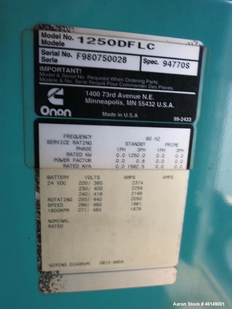 Used Cummins 1250 kW standby (1100 kW prime) portable / trailer mounted diesel generator set, model 1250DFLC-947708, SN- F980750028. Cummins KTA50-G3 engine rated 1850 HP at 1800 RPM, SN-33140632. 3/...