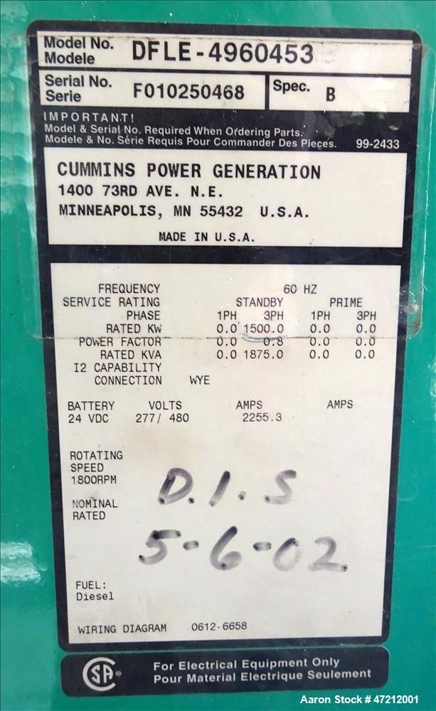 Used- Cummins 1500 kW Diesel Generator 1500 KW.