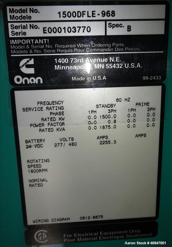 Used Cummins 1500 kW Diesel Generator Set, Cummins KTA50-G9 Engine.