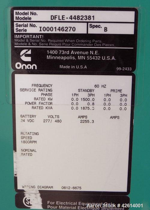 Used Cummins / Onan 1500 kW standby diesel generator set. Cummins model 1500 DFLE SN-I000146270. Cummins model KTA50-G9 engine SN-33146824 rated 2220 hp @ 1800 rpm. 3/60/480V. 2500 Amp main-line circ...