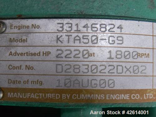 Used Cummins / Onan 1500 kW standby diesel generator set. Cummins model 1500 DFLE SN-I000146270. Cummins model KTA50-G9 engine SN-33146824 rated 2220 hp @ 1800 rpm. 3/60/480V. 2500 Amp main-line circ...