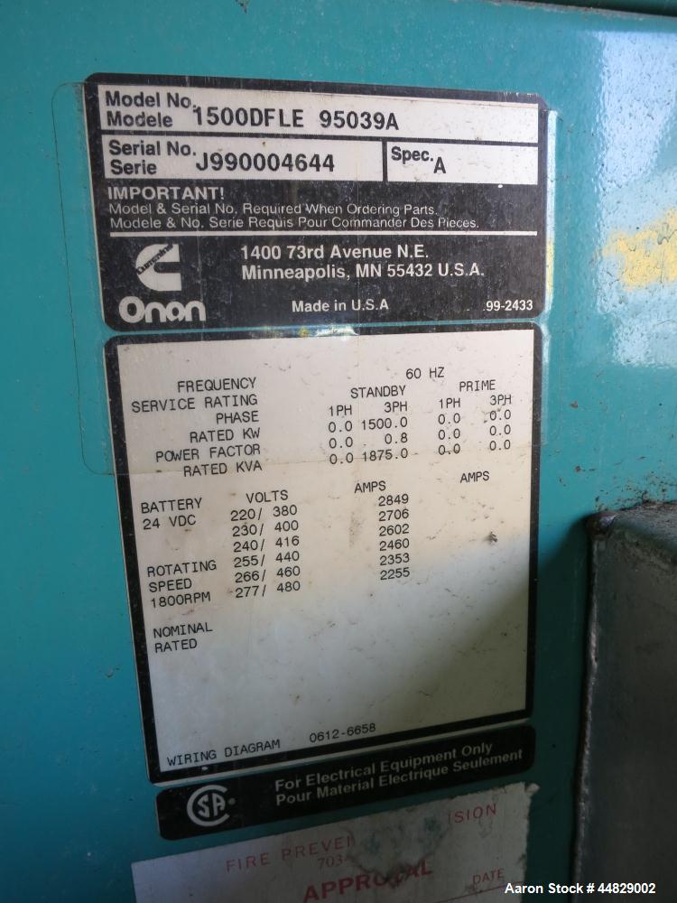 Used Cummins 1500 kW Standby (1250 Prime) Diesel Generator Set, Model 1500DFLE-95039A, Serial #990004644. Cummins KTA50-G9 engine rated 2220 hp @ 1800 rpm, serial #33144320, emissions EPA tier 1.  3/...