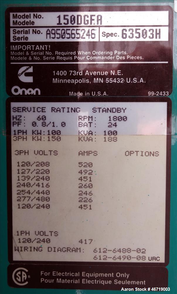 Used Cummins 150 kW standby (135 kW prime) diesel generator set, 150 DGFA, SN-A