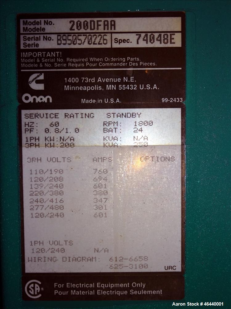 Used Cummins 200 kW standby diesel generator set, model 200 DFAA, SN-B950570226