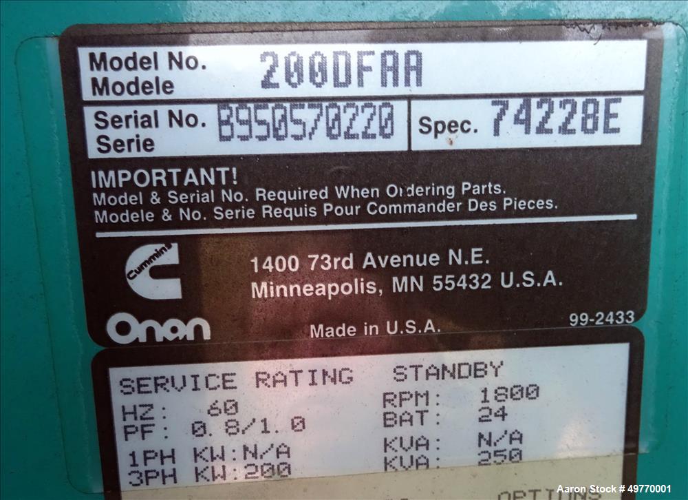 Used Cummins 200 kW Standby Diesel Generator Set, Model 200DFAA