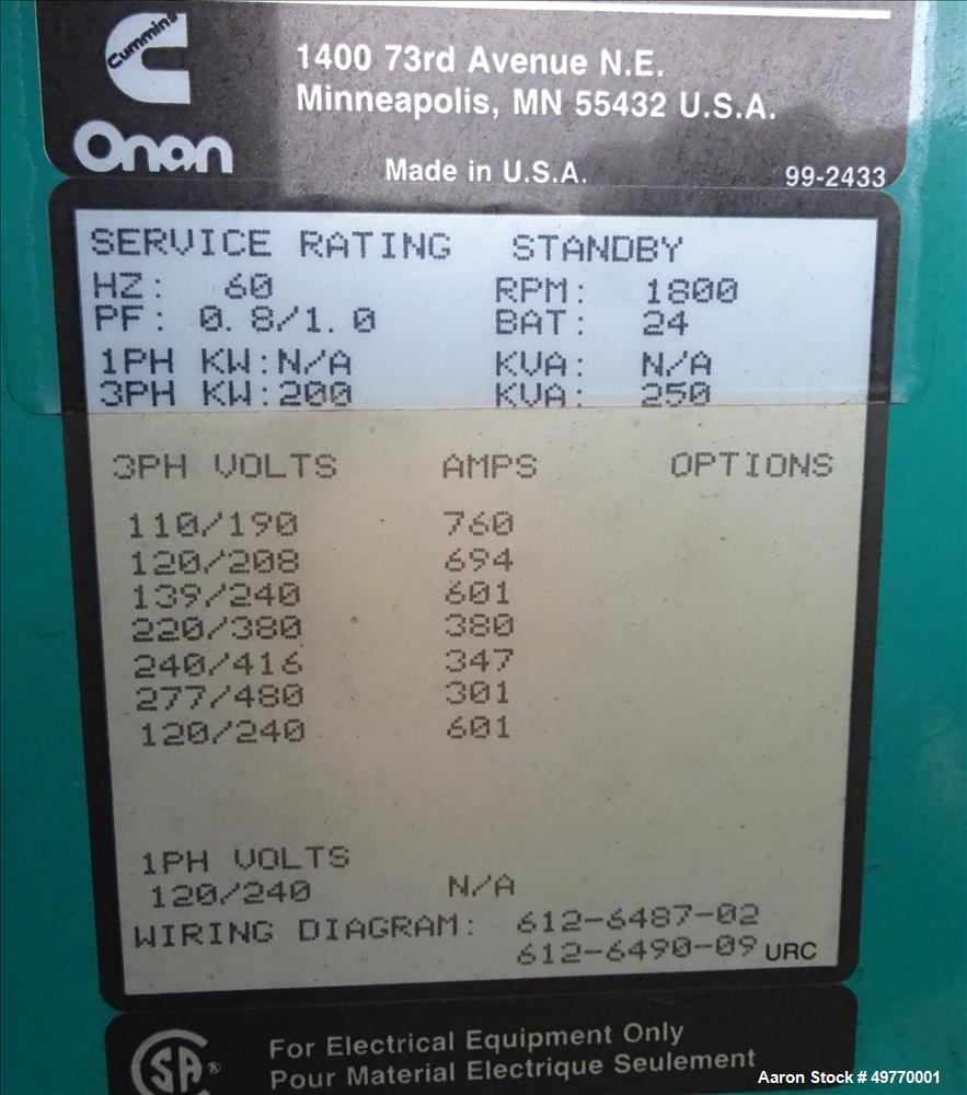 Used Cummins 200 kW Standby Diesel Generator Set, Model 200DFAA