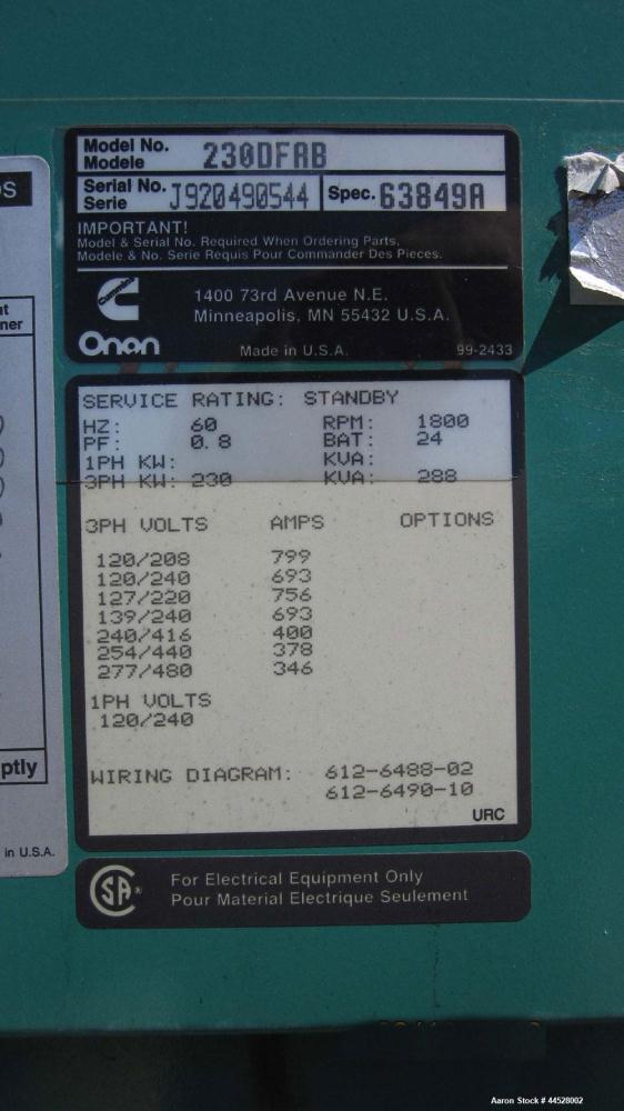 Used Cummins 230 kW standby (210 kW prime) diesel generator set, model 230DFAB, SN-J920490544. Cummins LTA10-G1 engine rated 380 HP @ 1800 RPM. 3/60/277/480V. 350 Amp main-line circuit breaker. PMG -...