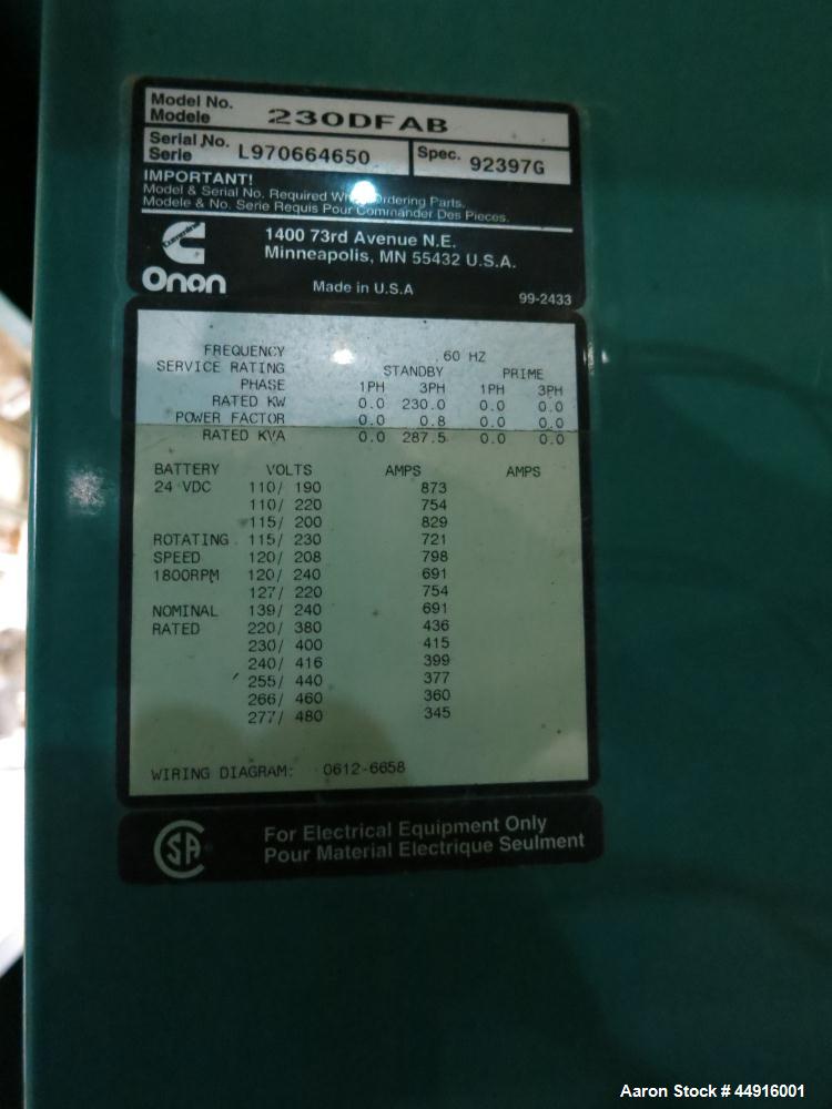 Used Cummins 230 kW Standby (210 Prime) Diesel Generator Set, Model 230DFAB, Serial #970664650.  Cummins LTA10-G1 engine rated 380 hp at 1800 rpm, serial #34891227.  3/60/120/208V, PMG (permanent mag...