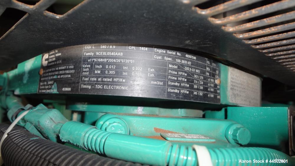 Used Cummins 250 kW standby (225 prime) diesel generator set, model 250DQDAA-543387B, SN- E090001182. Cummins QSL9-G3 NR3 engine rated 399 HP at 1800 RPM, SN-46997046, emissions EPA tier 3 certified....