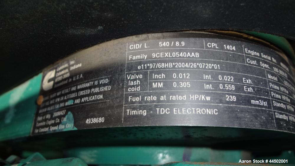 Used Cummins 250 kW standby (225 prime) diesel generator set, model 250DQDAA-543387B, SN- E090001182. Cummins QSL9-G3 NR3 engine rated 399 HP at 1800 RPM, SN-46997046, emissions EPA tier 3 certified....