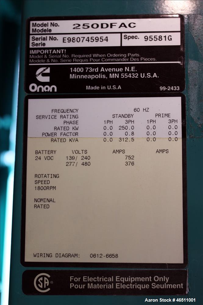 Used Cummins 250 kW diesel generator , model 250 DFAC. Cummins model LTA10-G1