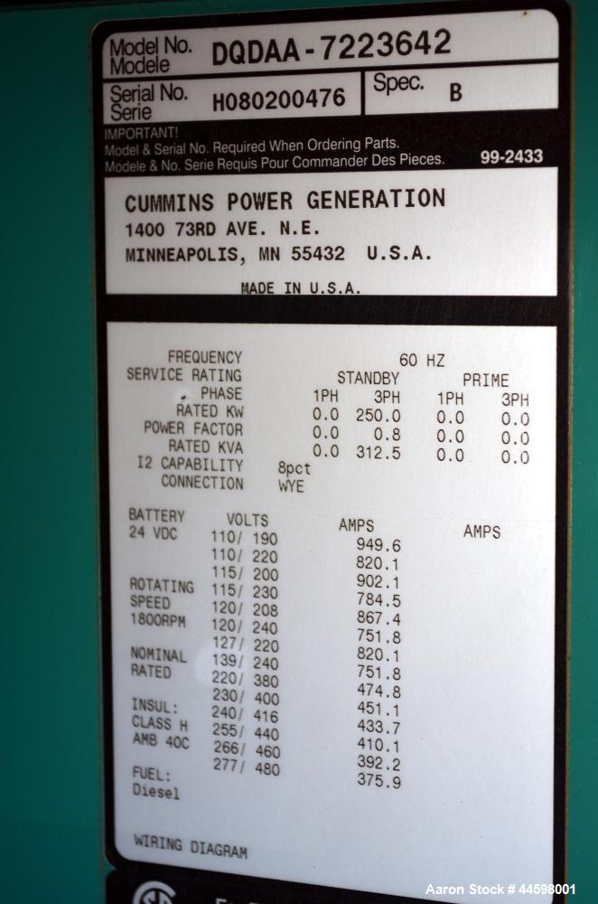 Used Cummins 250 kW Standby (225 Prime) Diesel Generator Set, Model 250DQDAA-7223642, SN-H80200476. Cummins QSL9-G3 NR3 engine rated 399 HP @ 1800 RPM, emissions EPA tier 3 certified. 3/60/277/480V. ...