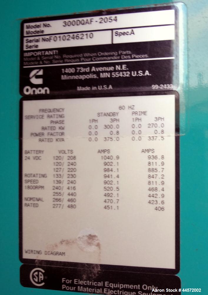 Used Cummins 300 kW standby (270 prime) portable / trailered diesel generator set, Model 300DQAF-2054, SN- F010246210. Cummins QSM11-G2 engine rated 470 HP at 1800 RPM, SN-35041935. 3/60/277/480V, 3 ...