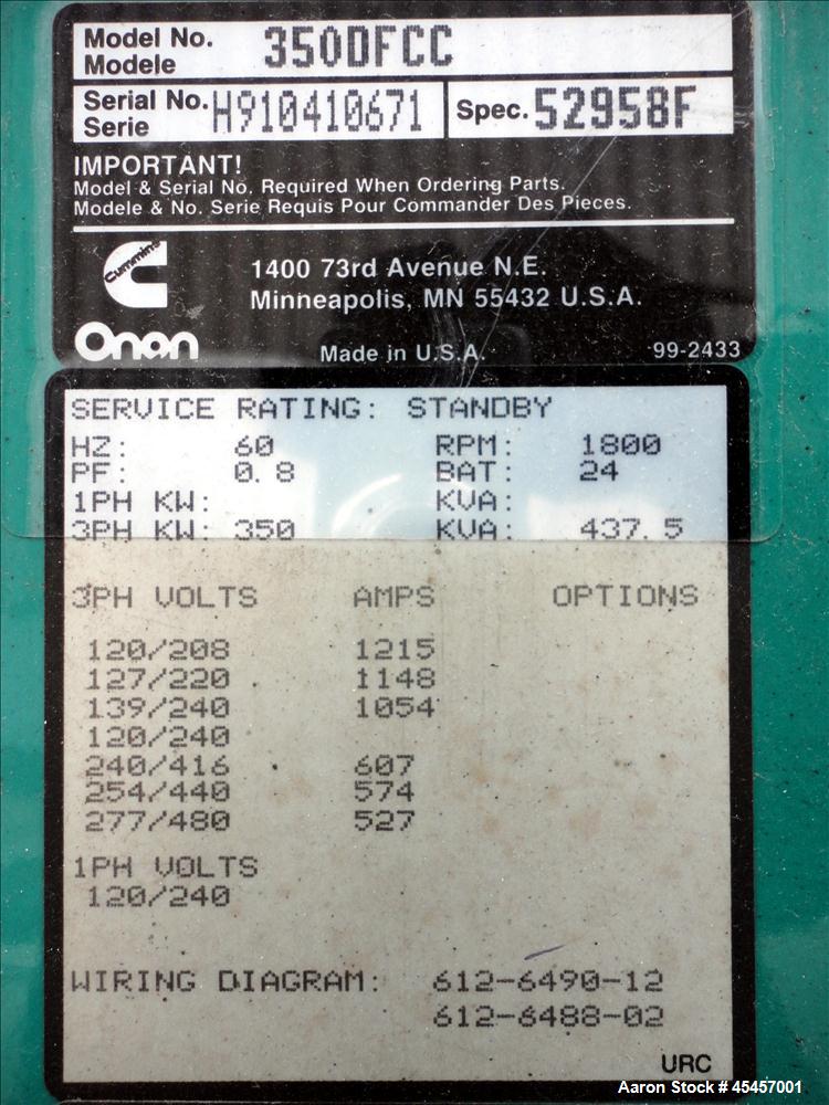 Used Cummins 350 kW diesel generator set, model 350DFCC, SN-H910410671. Cummins NTA855 engine rated 535 HP at 1800 RPM. 3/60/120/208V, 12 lead reconnectable to other voltages. PMG - permanent magnet ...