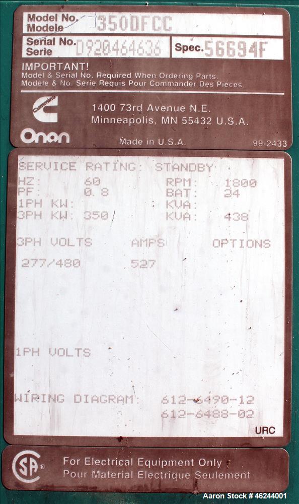 Used Cummins 350 kW standby (315 kW prime) diesel generator set model 350DFCC, SN-D920464636 Cummins NTA-855-G3 engine rated 535 HP at 1800 RPM, SN-303350028.  3/60/277/480V. 600 Amp main-line circui...
