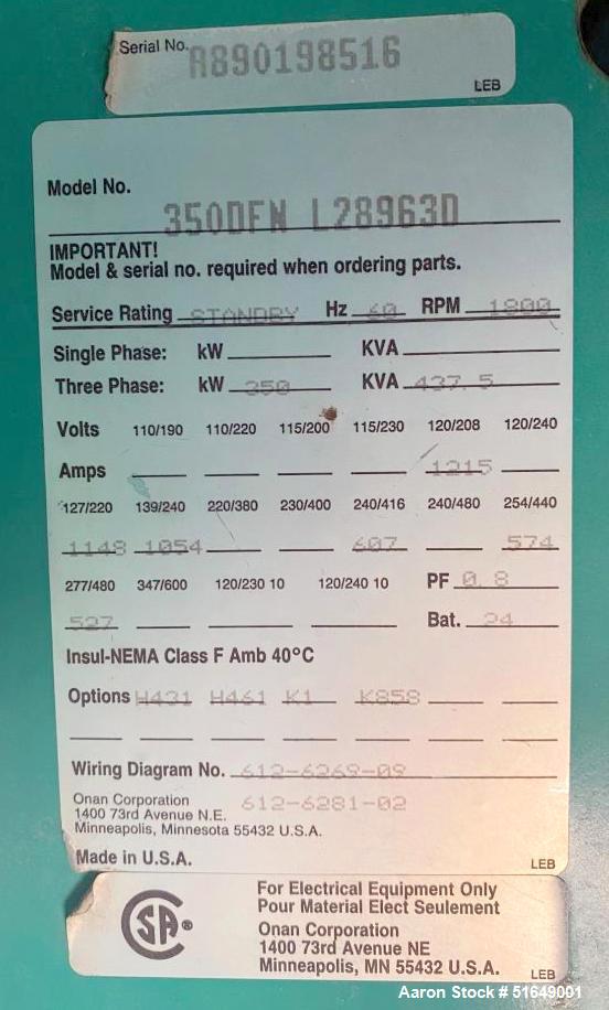 Onan / Cummins 350kW Diesel Generator