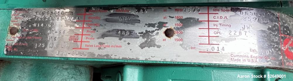 Used Cummins 350 kW Standby (315 kW prime) Portable Diesel Generator Set, Model DQBB, SN-G990954887. Cummins N14-G2 engine rated 535 HP at 1800 RPM, SN-11962504. 3/60/277/480V. 600 Amp and 200 Amp ma...