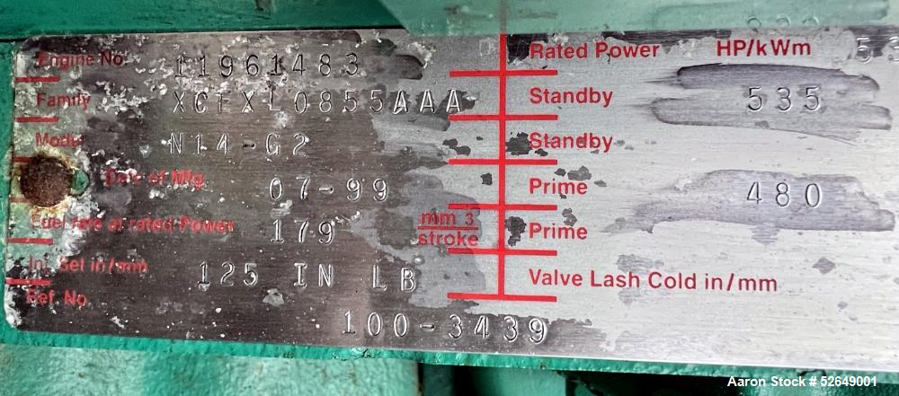 Used Cummins 350 kW Standby (315 kW prime) Portable Diesel Generator Set, Model DQBB, SN-G990954887. Cummins N14-G2 engine rated 535 HP at 1800 RPM, SN-11962504. 3/60/277/480V. 600 Amp and 200 Amp ma...