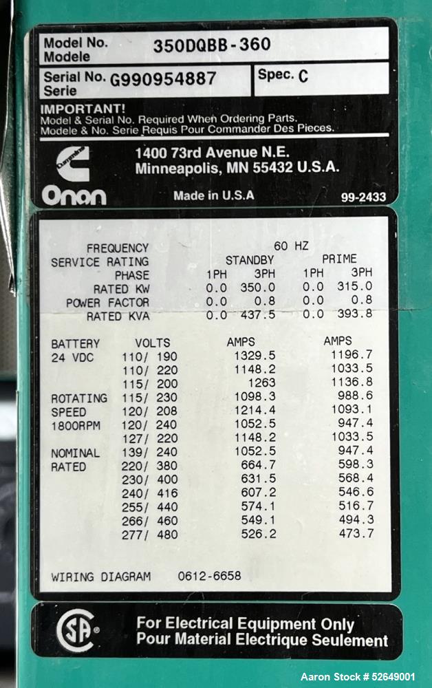 Used Cummins 350 kW Standby (315 kW prime) Portable Diesel Generator Set, Model DQBB, SN-G990954887. Cummins N14-G2 engine rated 535 HP at 1800 RPM, SN-11962504. 3/60/277/480V. 600 Amp and 200 Amp ma...