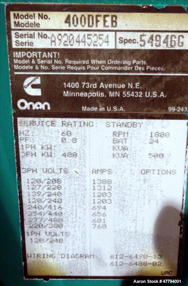 Used Cummins 400 kW diesel generator, model 400DFEB. Cummins KTA19-G2 engine