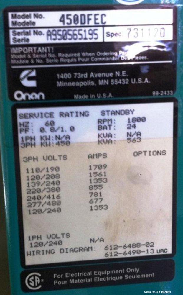 Used Cummins 450 kW Standby Diesel Generator Set, Model 450DFEC