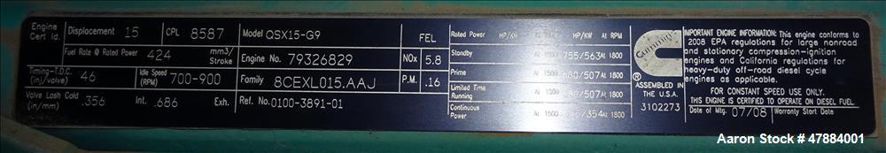 Cummins 500 kW diesel generator. Cummins QSK15-G9 engine, EPA Tier 2