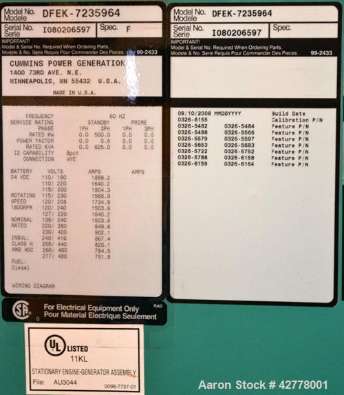 Used Cummins Onan 500kW Diesel Generator Set, model 500DFEK, serial #1080206597, EPA Tier II, engine model QSX15-G9 serial #79332347. 3/60/277-480V. Weather protective enclosure, 86dBA @ 25 foot fact...