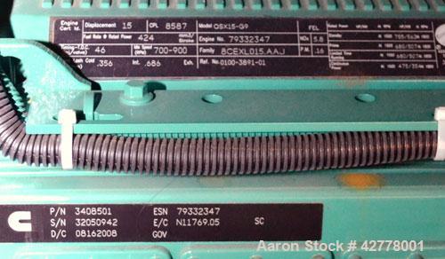 Used Cummins Onan 500kW Diesel Generator Set, model 500DFEK, serial #1080206597, EPA Tier II, engine model QSX15-G9 serial #79332347. 3/60/277-480V. Weather protective enclosure, 86dBA @ 25 foot fact...