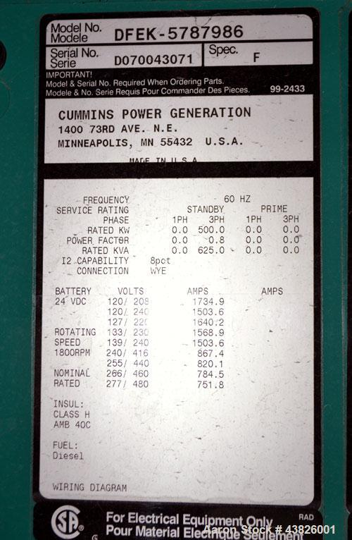 Used Cummins 500 kW Standby (455kW prime) Diesel Generator Set, Model DFEK-5787986, SN- D070043071. Cummins QSX-15-G9 rated 755 HP @ 1800 RPM, emissions EPA Tier 2 certified. 3/60/277-480V. 800 Amp m...