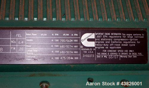 Used Cummins 500 kW Standby (455kW prime) Diesel Generator Set, Model DFEK-5787986, SN- D070043071. Cummins QSX-15-G9 rated 755 HP @ 1800 RPM, emissions EPA Tier 2 certified. 3/60/277-480V. 800 Amp m...