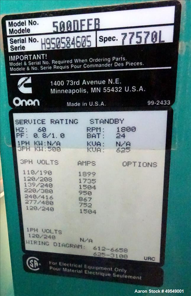 Used Cummins 500 kW Standby Diesel Generator Set, Model 500DFFB