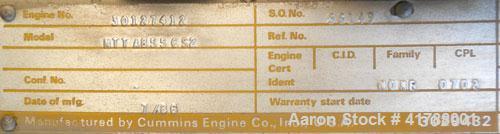 Used Cummins 350kW diesel generator Set. Model 502FDR7020JJW, Cummins NTTA855GS2 engine, SN-30127412, 535HP @ 1800 RPM. 3/60/277/480V. Remote radiator.battery charger, block heater. 470 hrs. Yr 1986.