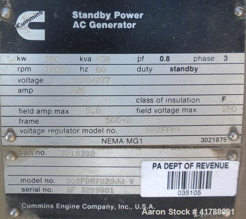 Used Cummins 350kW diesel generator Set. Model 502FDR7020JJW, Cummins NTTA855GS2 engine, SN-30127412, 535HP @ 1800 RPM. 3/60/277/480V. Remote radiator.battery charger, block heater. 470 hrs. Yr 1986.