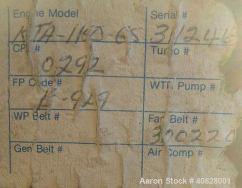 Used Cummins 365 kW Diesel Generator Set. Cummins KTA1150GS1 engine, serial #31124623. 565 hp at 1800 rpm. Model 502FDR7022GHW, serial #LM-93903-11/20-4, 3/60/277/480V, 1800 rpm, mainline circuit bre...