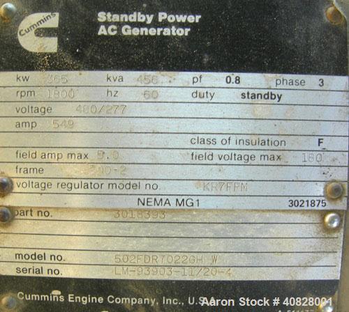 Used Cummins 365 kW Diesel Generator Set. Cummins KTA1150GS1 engine, serial #31124623. 565 hp at 1800 rpm. Model 502FDR7022GHW, serial #LM-93903-11/20-4, 3/60/277/480V, 1800 rpm, mainline circuit bre...
